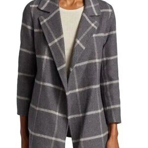 Theory Clairene Women's Gray Check Wool Blend Long Sleeve Open Front Coat Size S